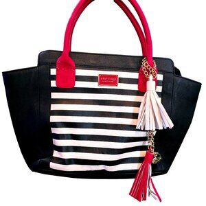 Betsey Johnson Striped Tote Bag With Red Handles And Tassel Charm Black & White